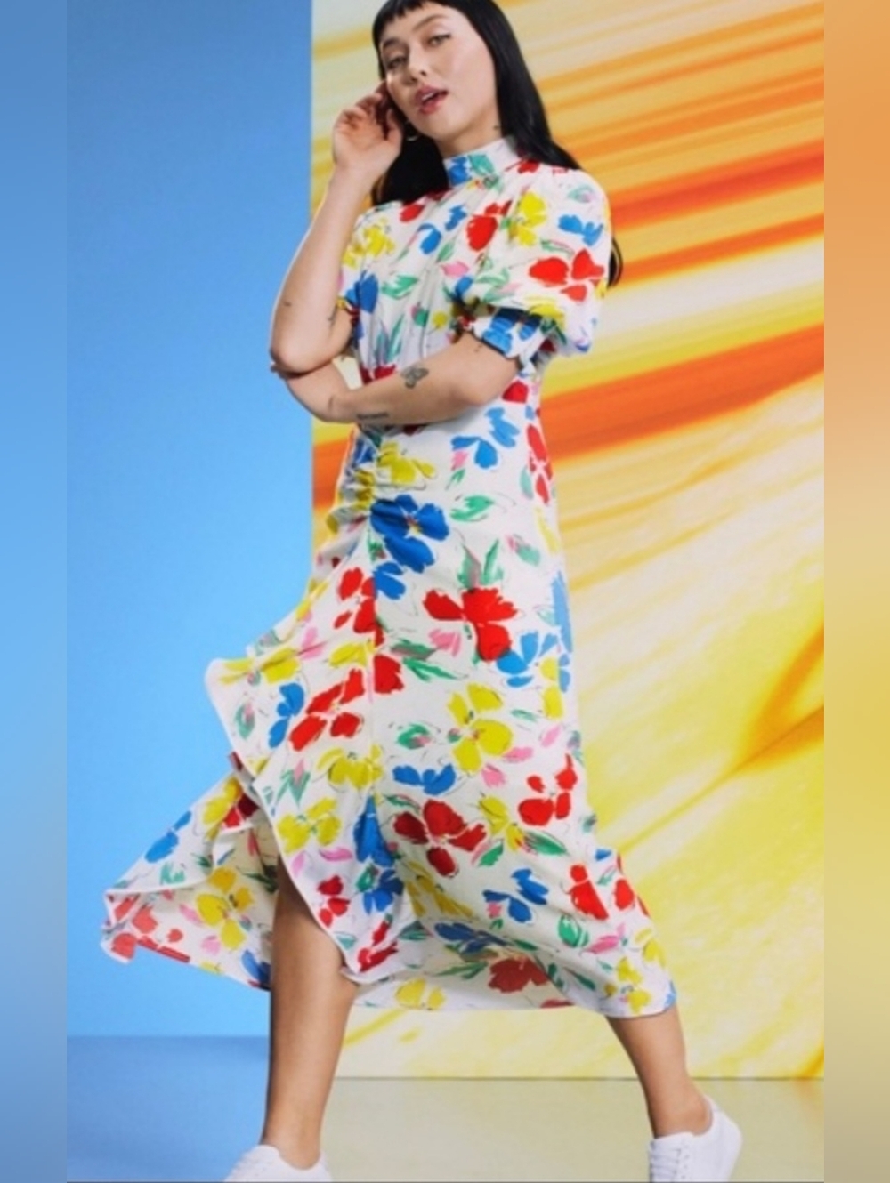 RIXO  For Target White Floral Midi Dress with Red, Blue & Yellow Blooms